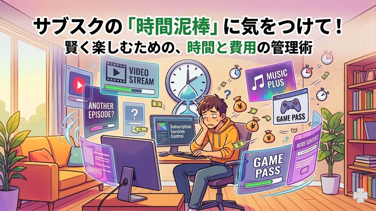 サブスクで時間を奪われる問題と時間管理の重要性を示すイラスト（動画・音楽サービスに囲まれる人物）