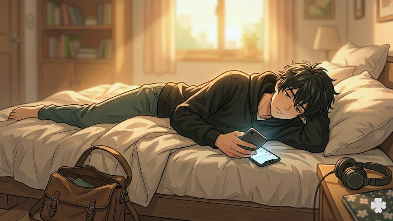 ベッドの上でスマホを見ながら横になっている男性のイラスト。何もできなかった日から人生を立て直し始めたきっかけを表現したブログ記事のアイキャッチ画像。