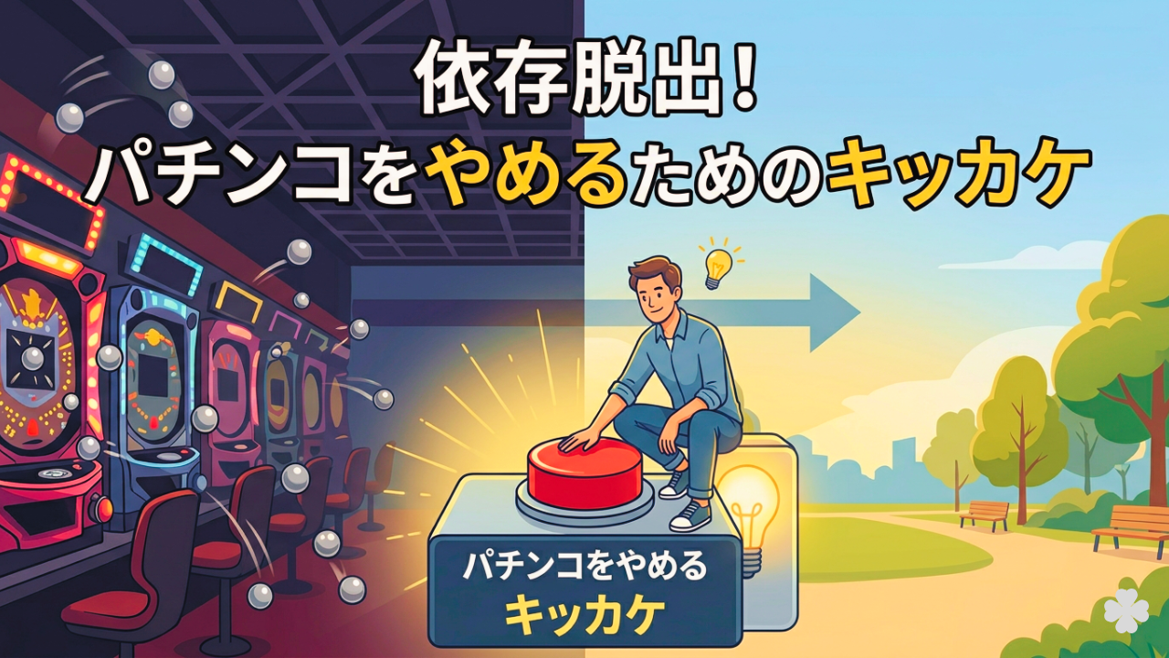 パチンコ依存から抜け出すきっかけを解説するイラスト（パチンコ店から離れ行動を変えるイメージ）
