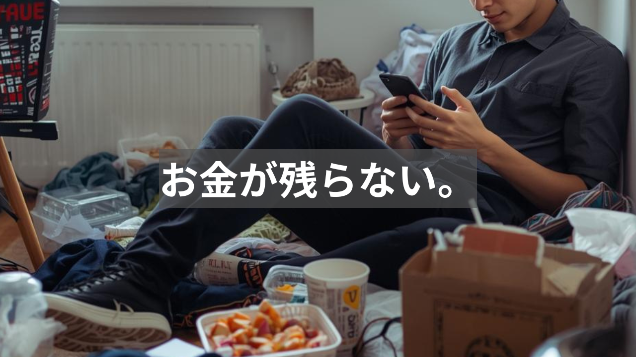 散らかった部屋でスマホを見ながら座る男性と「お金が残らない。」というメッセージ