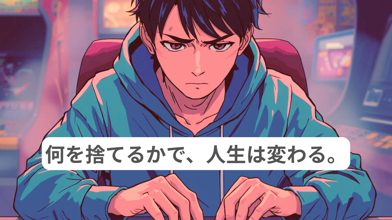 麻雀のように選択に悩む男性と「何を捨てるかで、人生は変わる。」というメッセージ