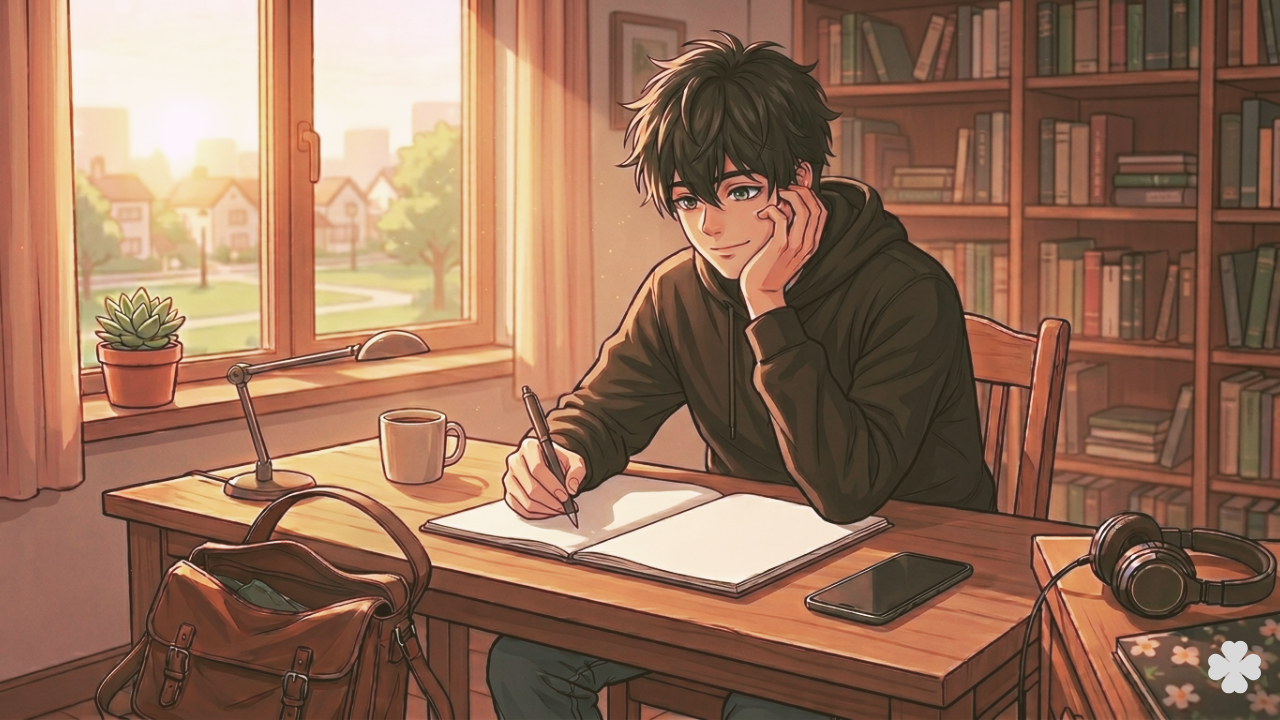 頬杖をつきながら机でノートに書き込む男性のイラスト。頑張ることをやめて無理なく習慣を整えていく様子を表現したブログ記事のアイキャッチ画像。