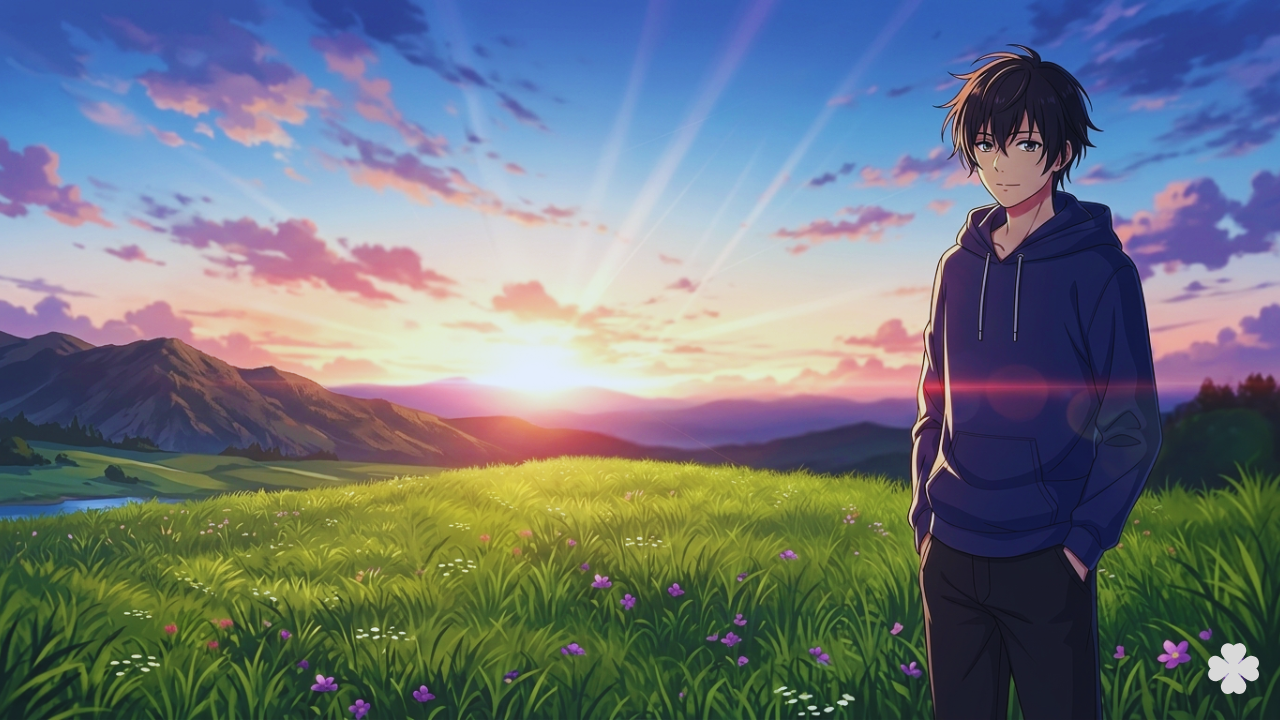 夕焼けの草原に立つ男性のイラスト。習慣を整えながら人生を立て直していくイメージを表現したプロフィール記事のアイキャッチ画像。