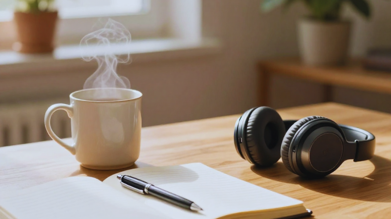 朝の光が入るデスクに、コーヒー、ノート、ペン、ヘッドホンが置かれた落ち着いた作業風景