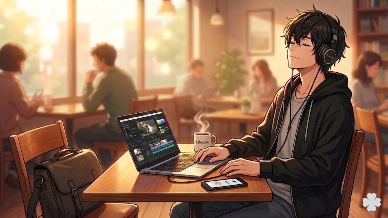 カフェでヘッドホンをつけてリラックスしながら音声を聞いている男性のイラスト。やる気が出ない時期でも無理なく過ごす様子を表現したAudibleの記事のアイキャッチ画像。