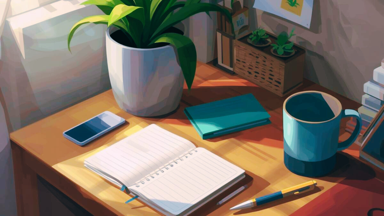 木の机の上にノートとコーヒーを置いた、静かな作業スペース