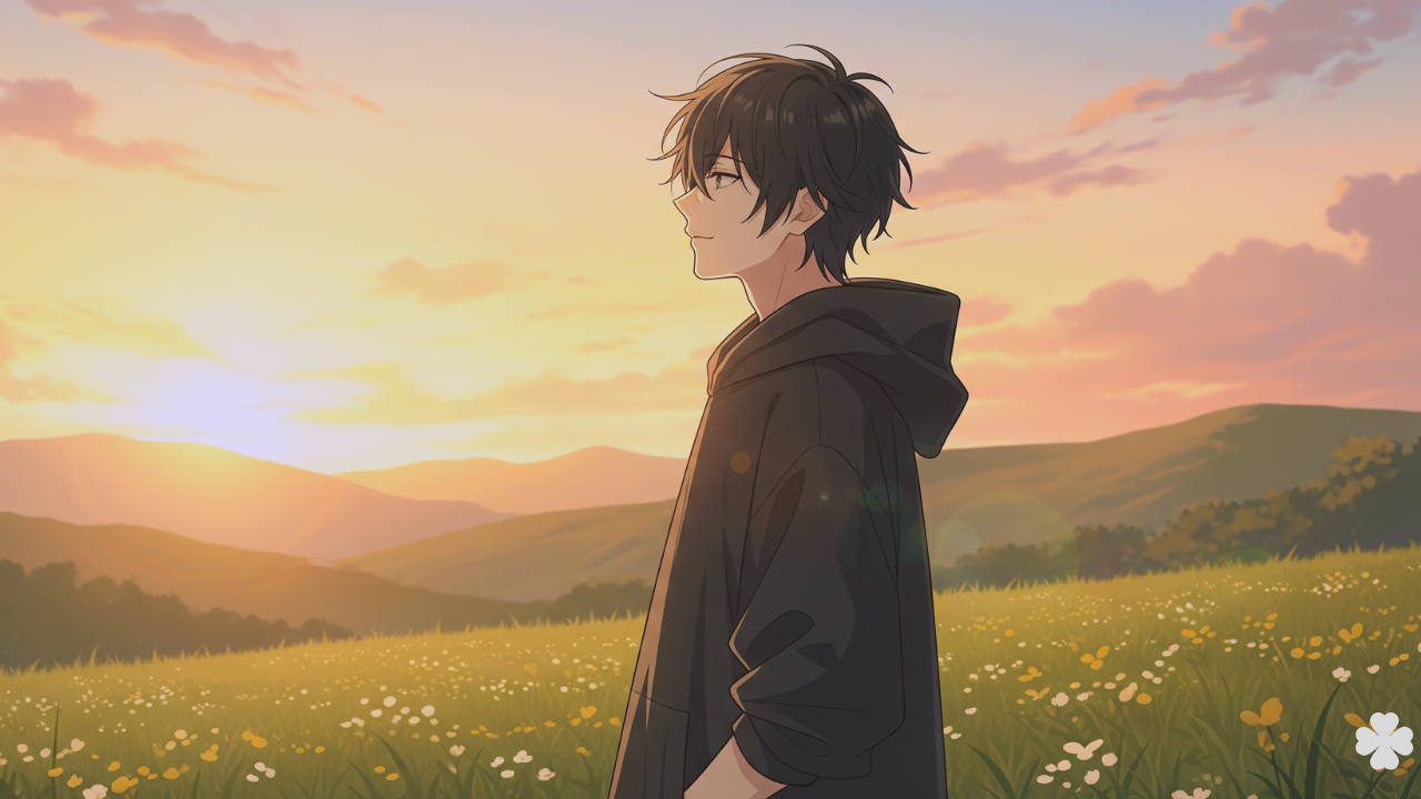 夕焼けの草原で前を見つめる男性のイラスト。人生を立て直す中で無理に頑張らず、やめることから整えていく様子を表現した記事のアイキャッチ画像。