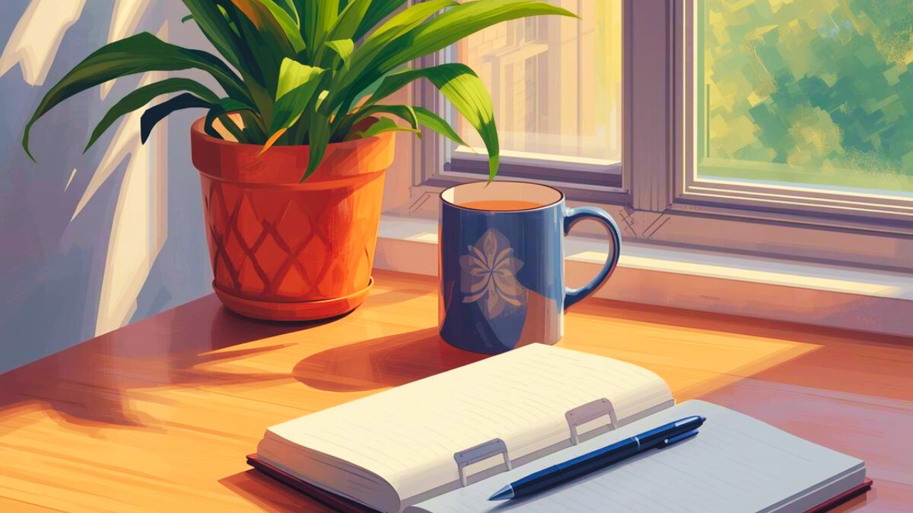 やる気が出ない日の午後をイメージした、ノートとマグカップのある机