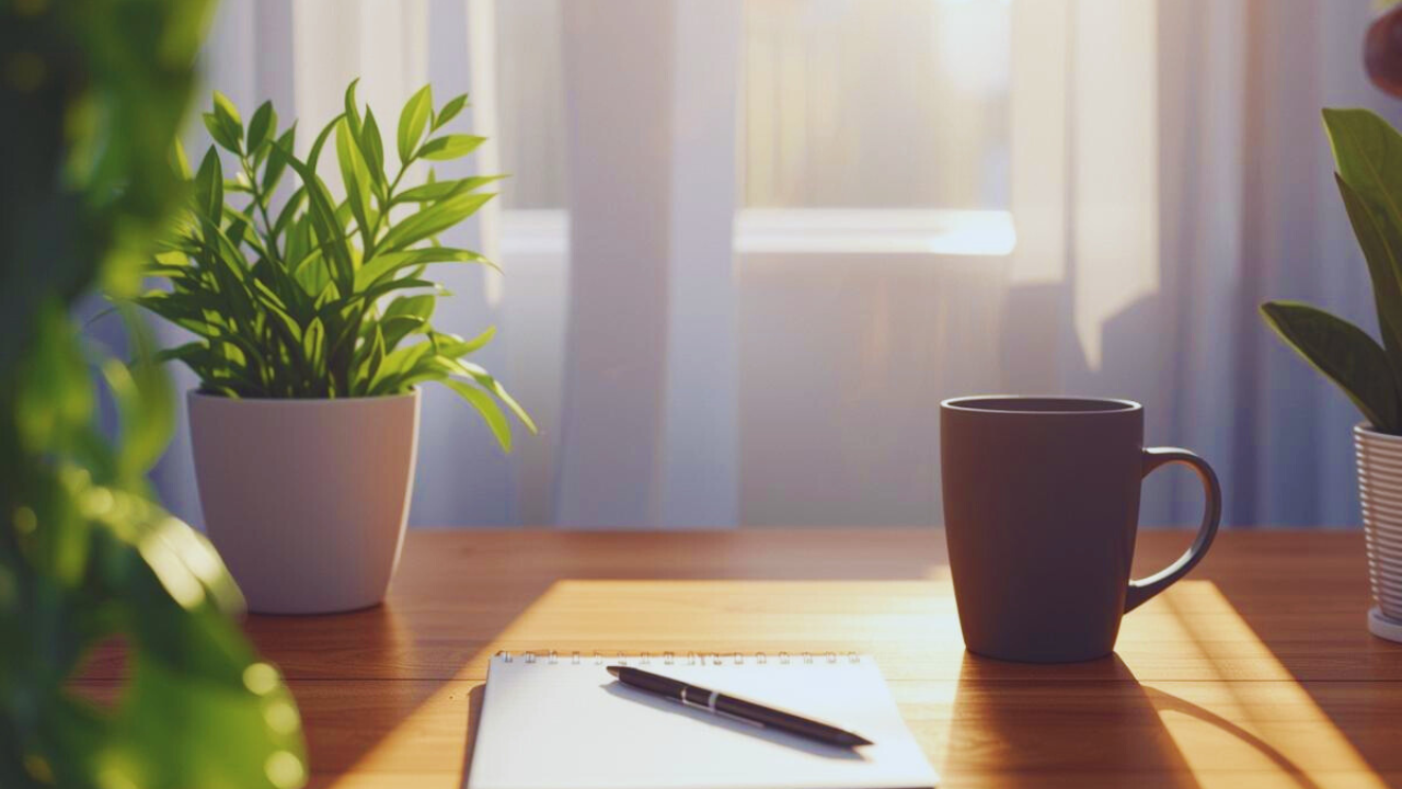 窓辺の机に置かれたノートとマグカップ。人生を立て直す前の静かな時間を表すイメージ