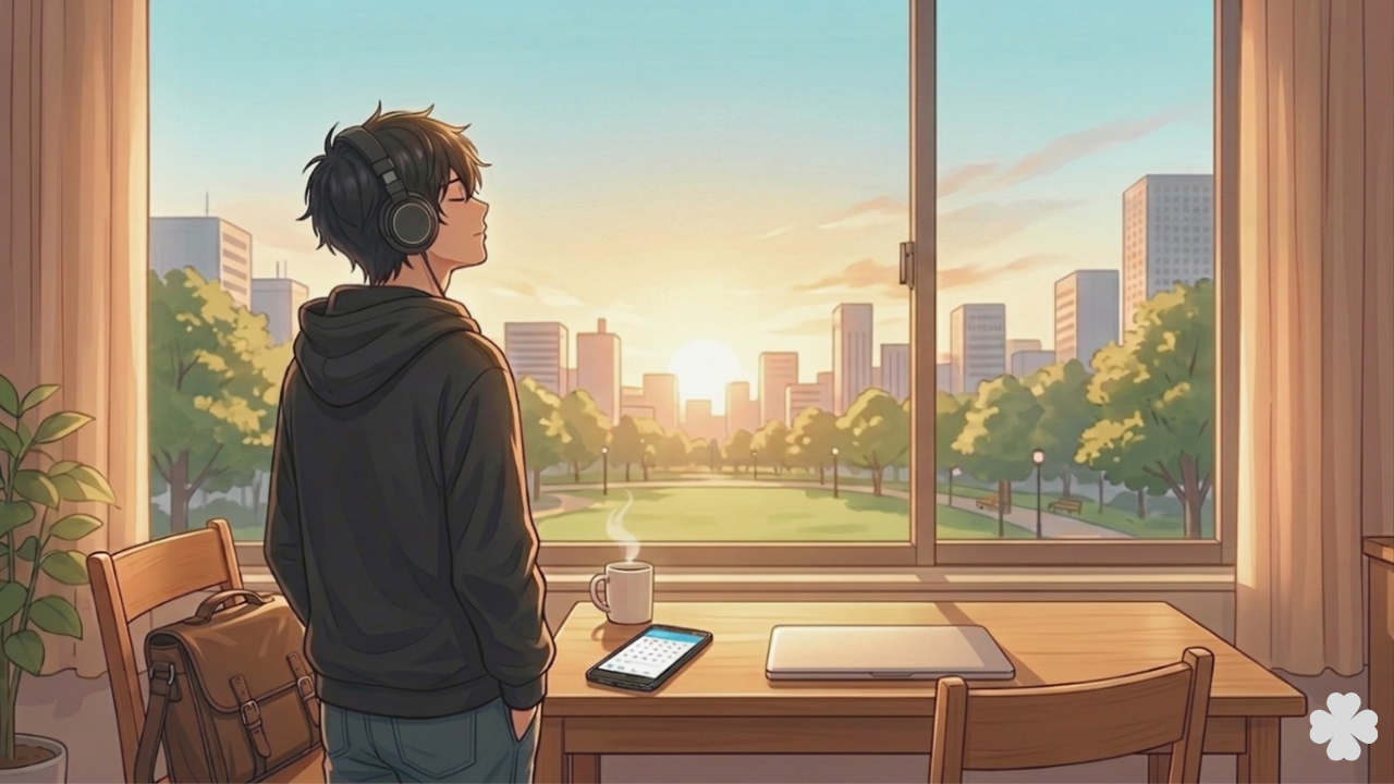 やる気が出ない日でも、静かな空間で自分を整える時間を表現したイラスト。