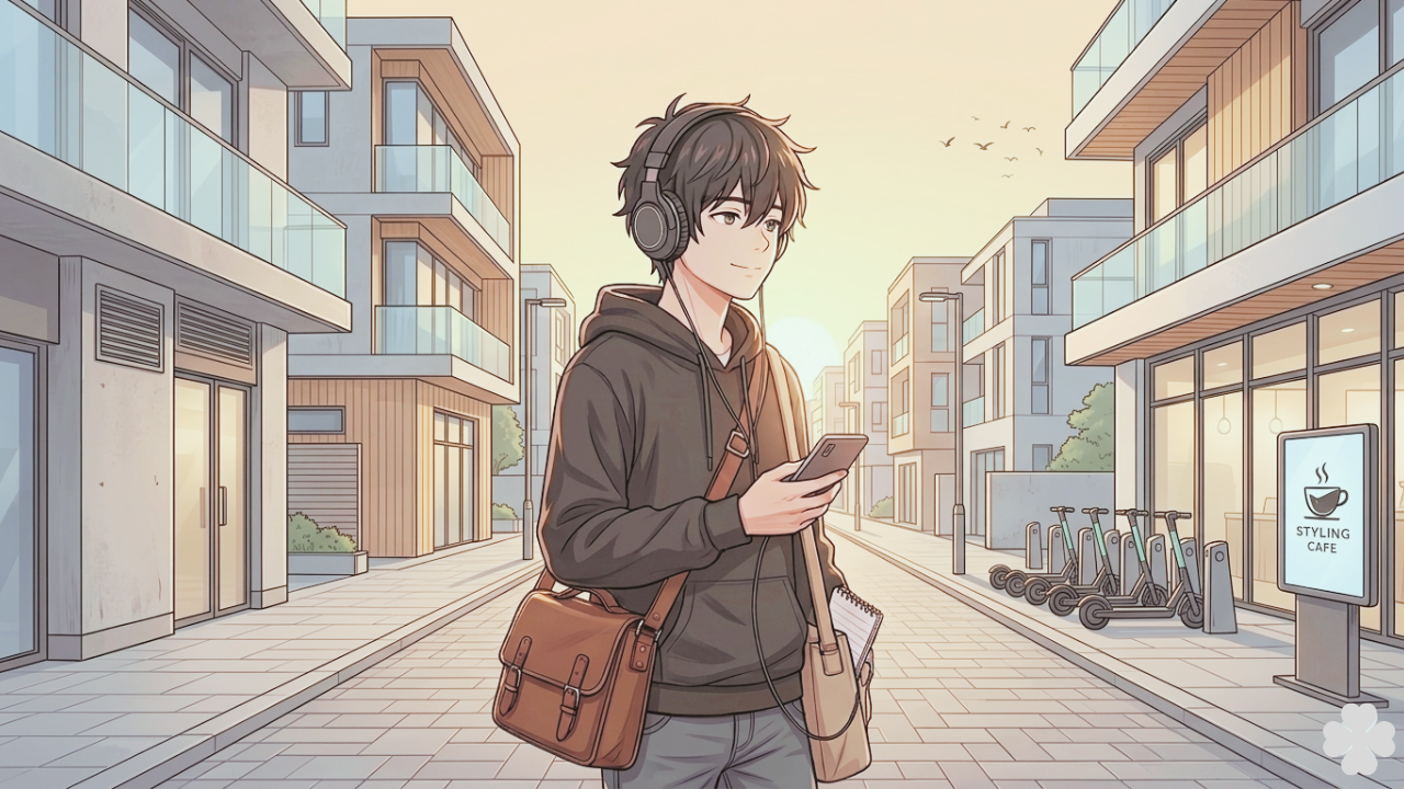 街中を歩きながらスマホを見る男性のイラスト。頑張らずに習慣を整えていく日常の流れを表現したブログ記事のアイキャッチ画像。