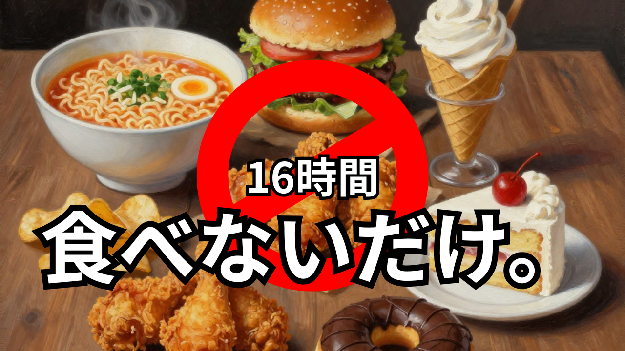 16時間断食（プチ断食）のイメージ。ラーメンやハンバーガー、スイーツなどの食べ物に禁止マークがあり「食べないだけ」と書かれている