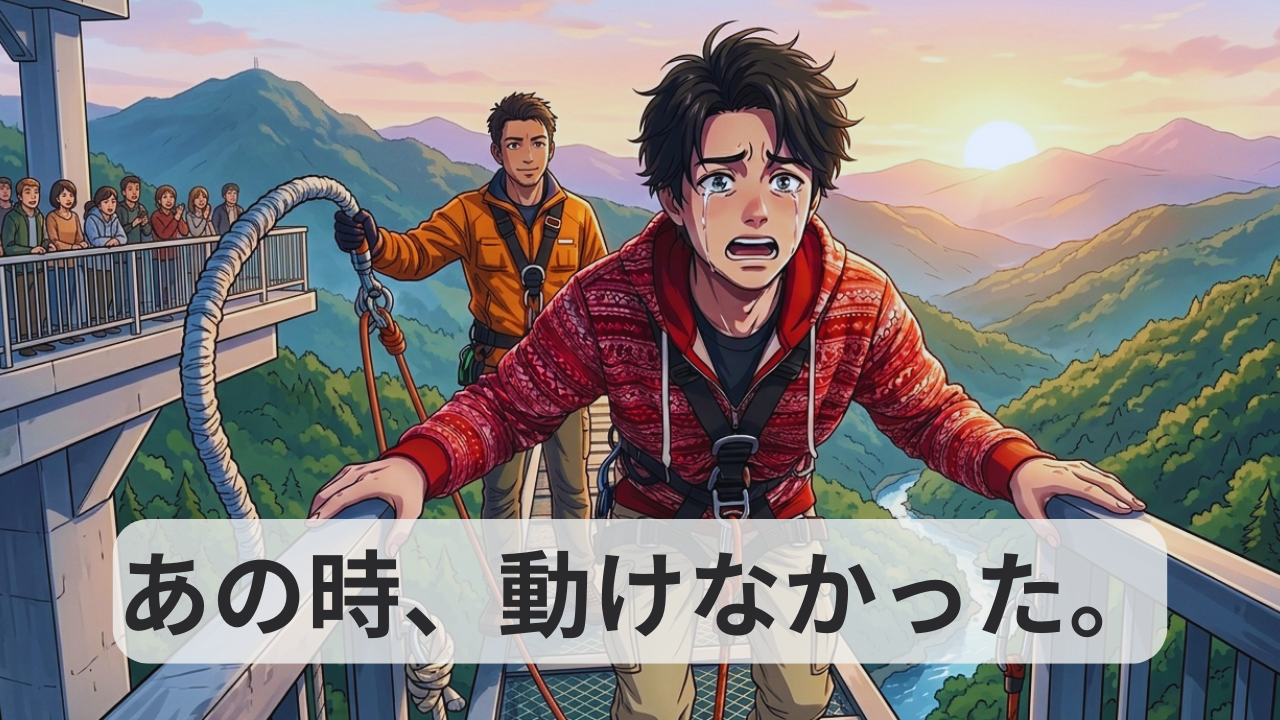 バンジージャンプの台で動けずに立ち止まる男性と「あの時、動けなかった。」というテキスト