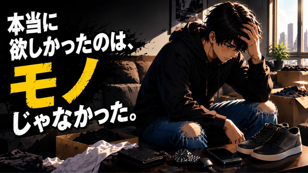 ブランド品や物欲にお金を使い続けた20代を振り返り、本当に大切なものに気づいた体験を表現したイラスト